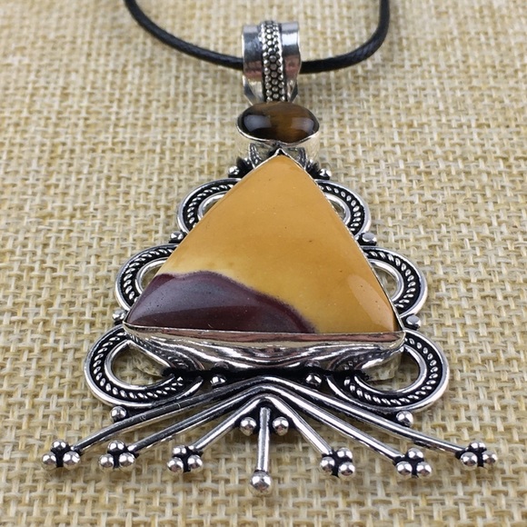 New Mookaite & Tiger’s Eye Stone Silver Overlay Pendant Necklace - Picture 8 of 9